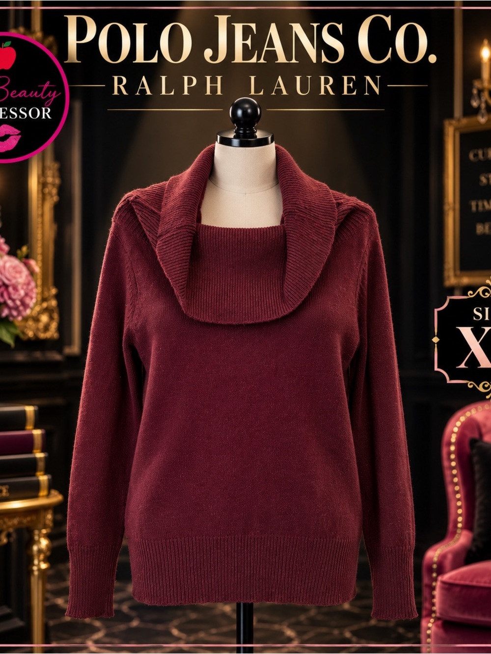 💕Polo Jeans Co Ralph Lauren XL 100% Wool Burgundy Cowl Neck Sweater